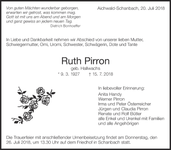Traueranzeige von Ruth Pirron von Eßlinger Zeitung/Cannstatter Zeitung