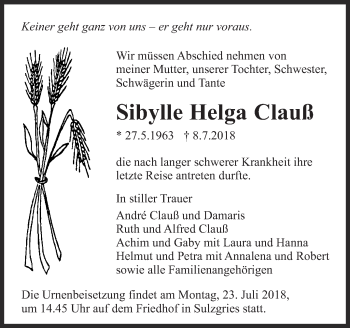 Traueranzeige von Sibylle Helga Clauß von Eßlinger Zeitung/Cannstatter Zeitung