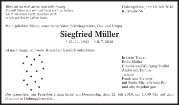 Traueranzeige von Siegfried Müller von Eßlinger Zeitung/Cannstatter Zeitung