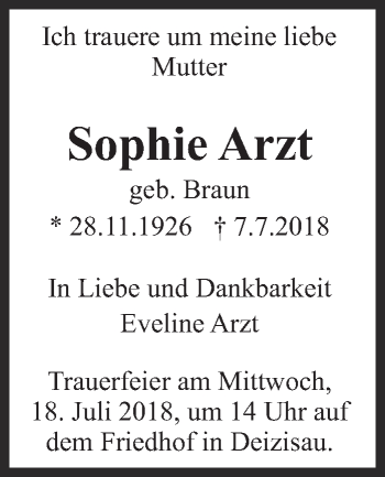 Traueranzeige von Sophie Arzt von Eßlinger Zeitung/Cannstatter Zeitung