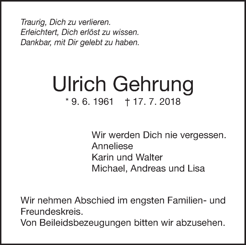  Traueranzeige für Ulrich Gehrung vom 19.07.2018 aus Eßlinger Zeitung/Cannstatter Zeitung
