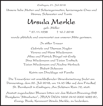 Traueranzeige von Ursula Merkle von Eßlinger Zeitung/Cannstatter Zeitung