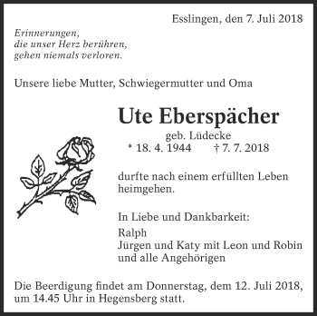 Traueranzeige von Ute Eberspächer von Eßlinger Zeitung/Cannstatter Zeitung