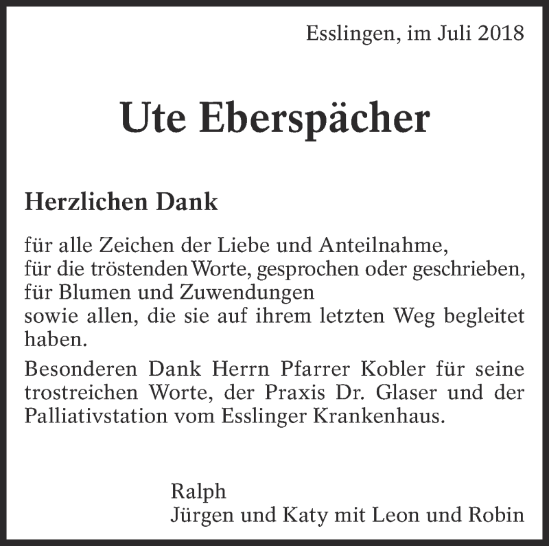  Traueranzeige für Ute Eberspächer vom 21.07.2018 aus Eßlinger Zeitung/Cannstatter Zeitung