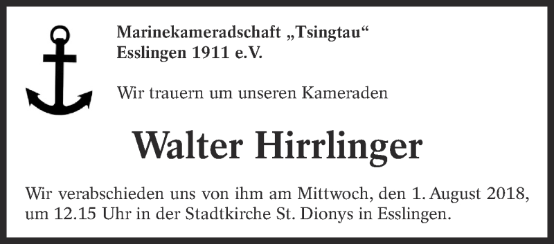  Traueranzeige für Walter Hirrlinger vom 28.07.2018 aus Eßlinger Zeitung/Cannstatter Zeitung