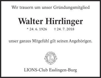 Traueranzeige von Walter Hirrlinger von Eßlinger Zeitung/Cannstatter Zeitung