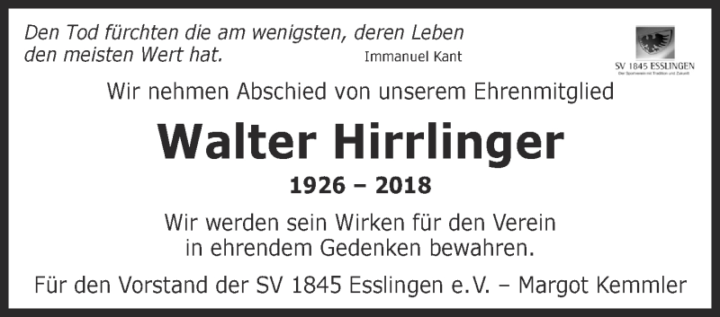  Traueranzeige für Walter Hirrlinger vom 31.07.2018 aus Eßlinger Zeitung/Cannstatter Zeitung