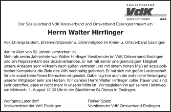 Traueranzeige von Walter Hirrlinger von Eßlinger Zeitung/Cannstatter Zeitung