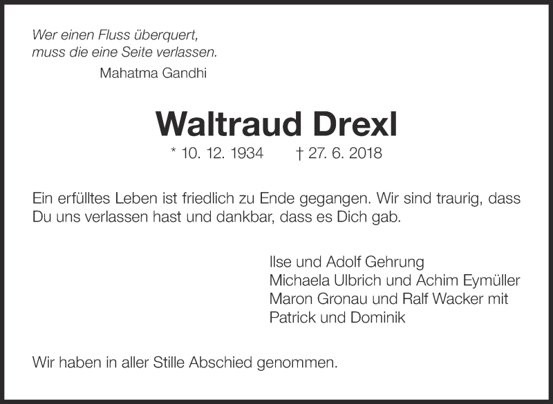  Traueranzeige für Waltraud Drexl vom 14.07.2018 aus Eßlinger Zeitung/Cannstatter Zeitung
