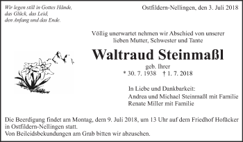 Traueranzeige von Waltraud Steinmaßl von Eßlinger Zeitung/Cannstatter Zeitung