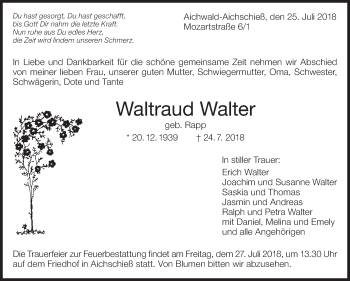 Traueranzeige von Waltraud Walter von Eßlinger Zeitung/Cannstatter Zeitung