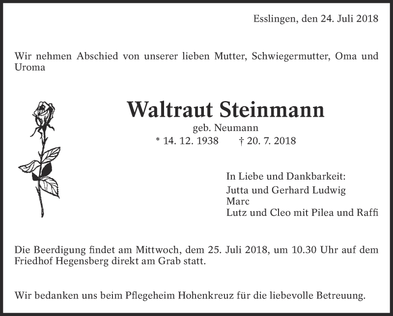  Traueranzeige für Waltraut Steinmann vom 24.07.2018 aus Eßlinger Zeitung/Cannstatter Zeitung