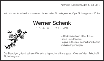 Traueranzeige von Werner Schenk von Eßlinger Zeitung/Cannstatter Zeitung