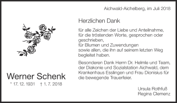 Traueranzeige von Werner Schenk von Eßlinger Zeitung/Cannstatter Zeitung