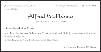 Traueranzeige von Alfred Wolfbeisz von Eßlinger Zeitung/Cannstatter Zeitung