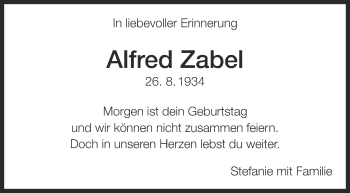 Traueranzeige von Alfred Zabel von Eßlinger Zeitung/Cannstatter Zeitung