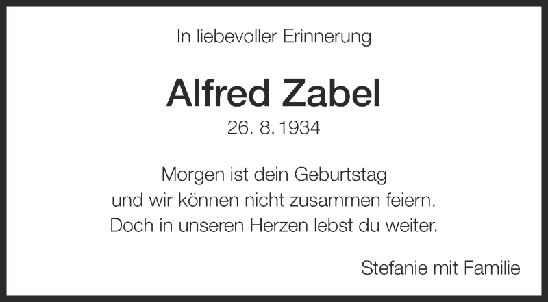  Traueranzeige für Alfred Zabel vom 25.08.2018 aus Eßlinger Zeitung/Cannstatter Zeitung