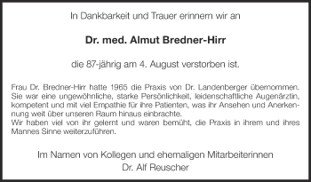 Traueranzeige von Almut Bredner-Hirr von Eßlinger Zeitung/Cannstatter Zeitung