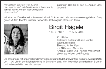 Traueranzeige von Birgit Hägele von Eßlinger Zeitung/Cannstatter Zeitung