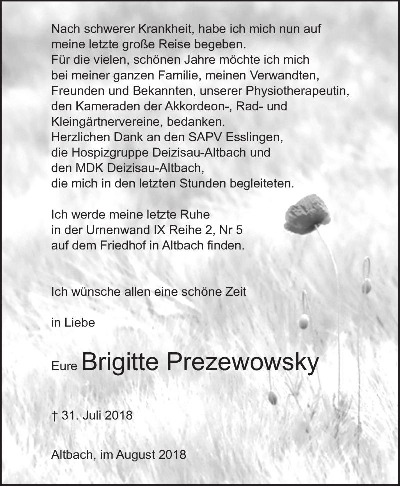  Traueranzeige für Brigitte Prezewowsky vom 11.08.2018 aus Eßlinger Zeitung/Cannstatter Zeitung