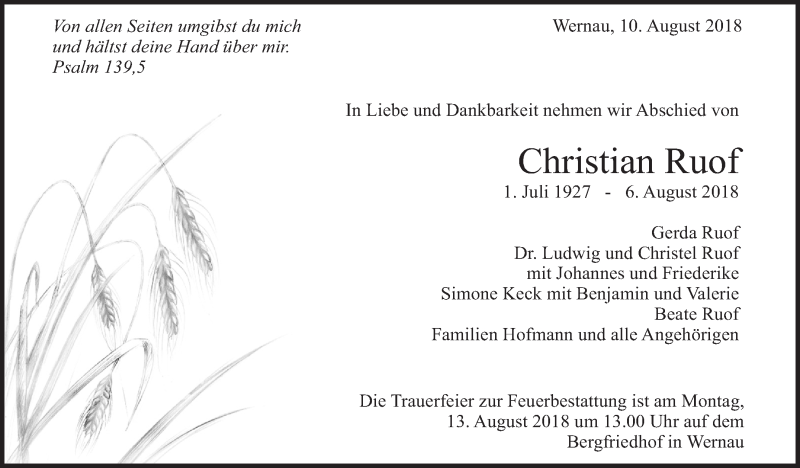  Traueranzeige für Christian Ruof vom 09.08.2018 aus Eßlinger Zeitung/Cannstatter Zeitung