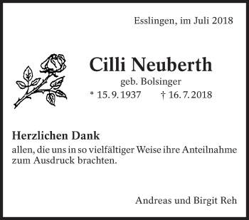 Traueranzeige von Cilli Neuberth von Eßlinger Zeitung/Cannstatter Zeitung