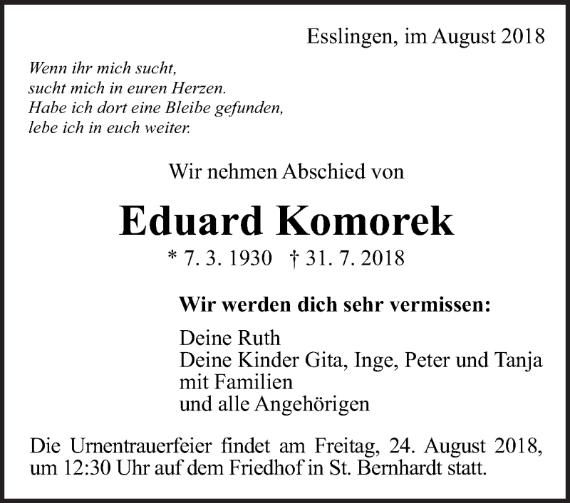  Traueranzeige für Eduard Komorek vom 04.08.2018 aus Eßlinger Zeitung/Cannstatter Zeitung