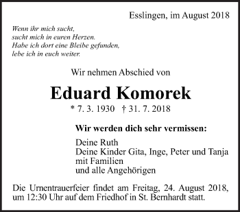 Traueranzeige von Eduard Komorek von Eßlinger Zeitung/Cannstatter Zeitung