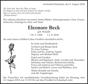 Traueranzeige von Eleonore Beck von Eßlinger Zeitung/Cannstatter Zeitung