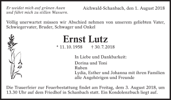 Traueranzeige von Ernst Lutz von Eßlinger Zeitung/Cannstatter Zeitung