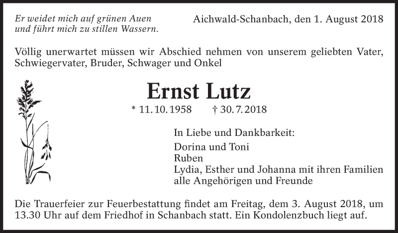  Traueranzeige für Ernst Lutz vom 01.08.2018 aus Eßlinger Zeitung/Cannstatter Zeitung