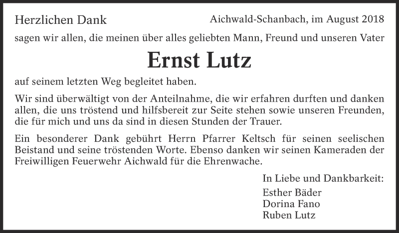  Traueranzeige für Ernst Lutz vom 11.08.2018 aus Eßlinger Zeitung/Cannstatter Zeitung
