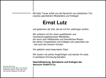 Traueranzeige von Ernst Lutz von Eßlinger Zeitung/Cannstatter Zeitung