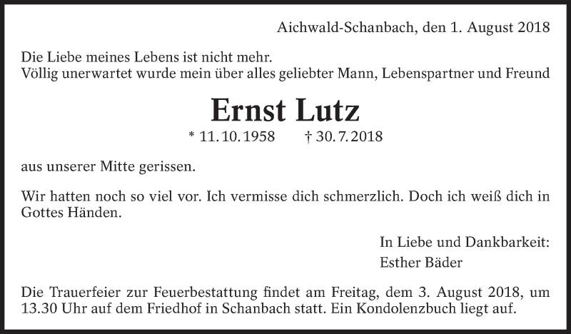  Traueranzeige für Ernst Lutz vom 01.08.2018 aus Eßlinger Zeitung/Cannstatter Zeitung