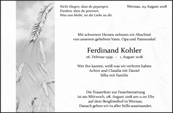 Traueranzeige von Ferdinand Kohler von Eßlinger Zeitung/Cannstatter Zeitung