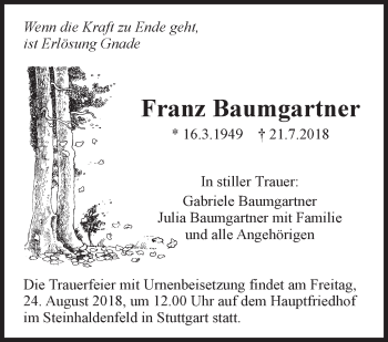 Traueranzeige von Franz Baumgartner von Eßlinger Zeitung/Cannstatter Zeitung