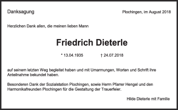 Traueranzeige von Friedrich Dieterle von Eßlinger Zeitung/Cannstatter Zeitung