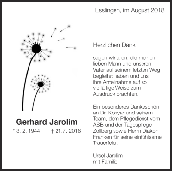 Traueranzeige von Gerhard Jarolim von Eßlinger Zeitung/Cannstatter Zeitung