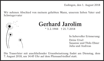 Traueranzeige von Gerhard Jarolim von Eßlinger Zeitung/Cannstatter Zeitung