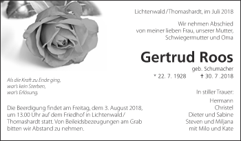 Traueranzeige von Gertrud Roos von Eßlinger Zeitung/Cannstatter Zeitung
