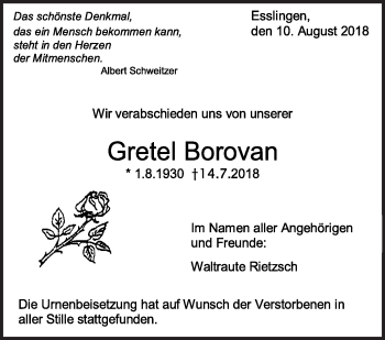 Traueranzeige von Gretel Borovan von Eßlinger Zeitung/Cannstatter Zeitung