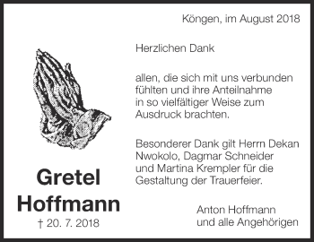 Traueranzeige von Gretel Hoffmann von Eßlinger Zeitung/Cannstatter Zeitung