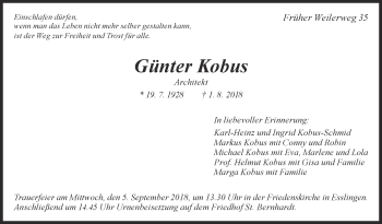 Traueranzeige von Günter Kobus von Eßlinger Zeitung/Cannstatter Zeitung