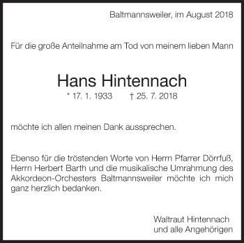 Traueranzeige von Hans Hintennach von Eßlinger Zeitung/Cannstatter Zeitung