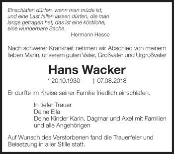Traueranzeige von Hans Wacker von Eßlinger Zeitung/Cannstatter Zeitung