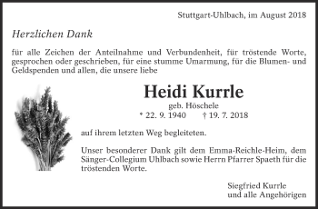 Traueranzeige von Heidi Kurrle von Eßlinger Zeitung/Cannstatter Zeitung