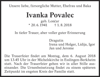 Traueranzeige von Ivanka Povalec von Eßlinger Zeitung/Cannstatter Zeitung