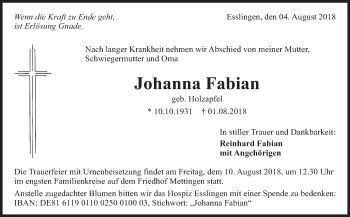 Traueranzeige von Johanna Fabian von Eßlinger Zeitung/Cannstatter Zeitung