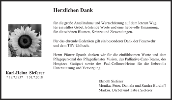 Traueranzeige von Karl-Heinz Sieferer von Eßlinger Zeitung/Cannstatter Zeitung