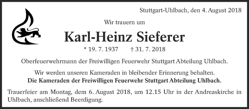  Traueranzeige für Karl-Heinz Sieferer vom 04.08.2018 aus Eßlinger Zeitung/Cannstatter Zeitung